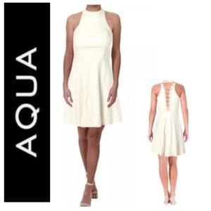 🌺 Bloomingdale’s AQUA Ivory High Neck Lace-Up Fit & Flare Dress NWT S